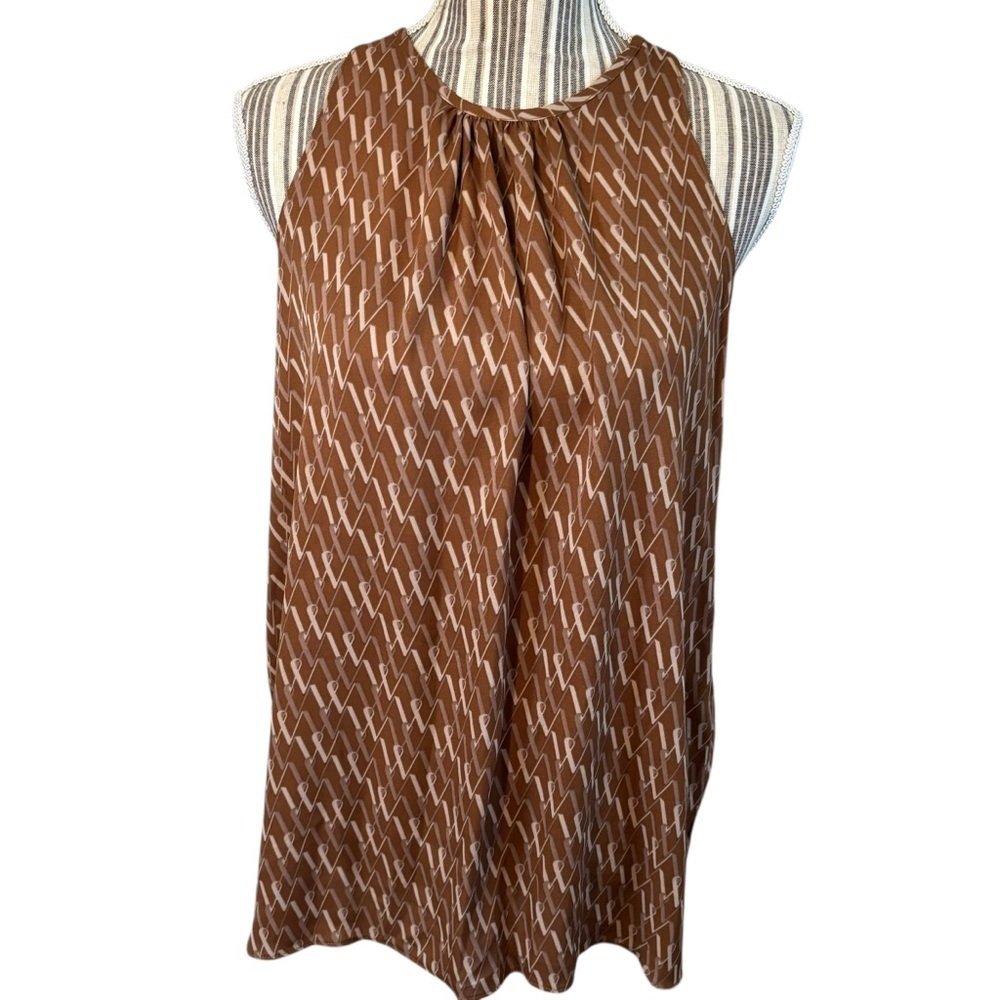 NWT Worthington Top Large Brown Tan W Pattern Sleeveless Blouse Flowy Oversized